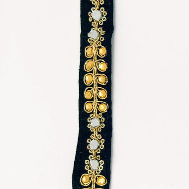 Black Art Silk Trim With Kundan Stones, Beads And Mirrors Embellishments, Approx. 22mm